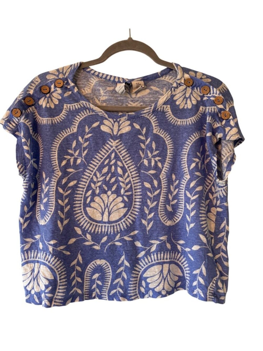 Joie 100% Linen Periwinkle Blue Floral Button-Shoulder T-Shirt Women’s Size M